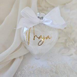 Personalizowana Bombka serce z piórkami Imię