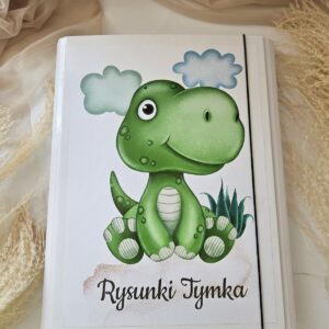 Teczka na rysunki dziecka z personalizacją – biała A4 Dinozaur 01